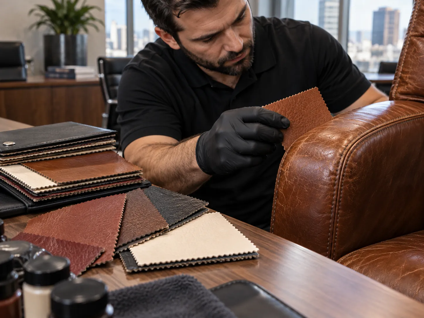 A technician compares leather swatches against an office chair