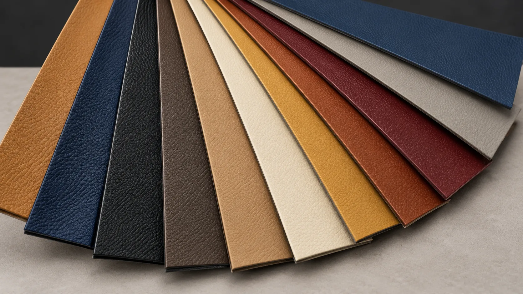 Fan of leather and vinyl swatches in a range of colours