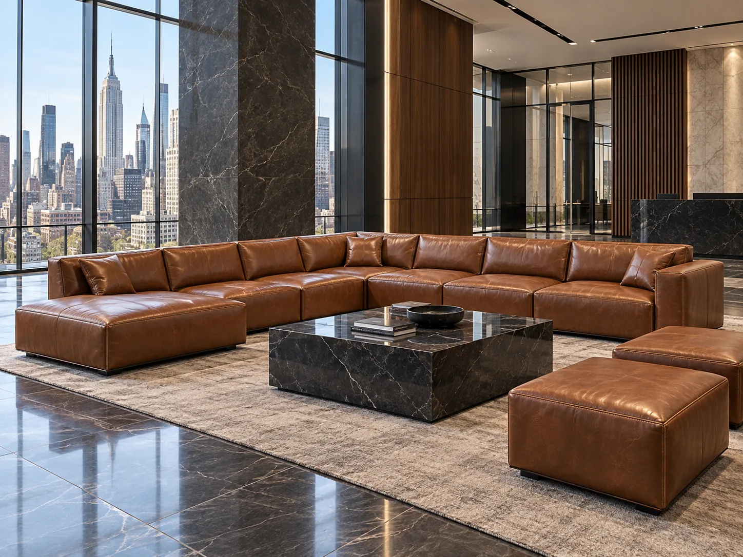 A large cognac leather modular sectional in an office lobby