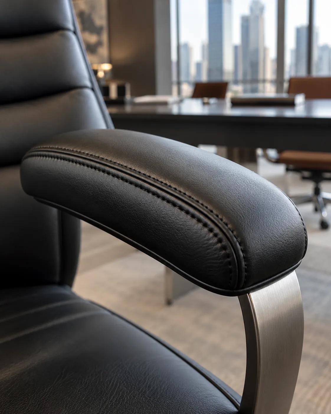 Close stitching on a black leather office chair arm