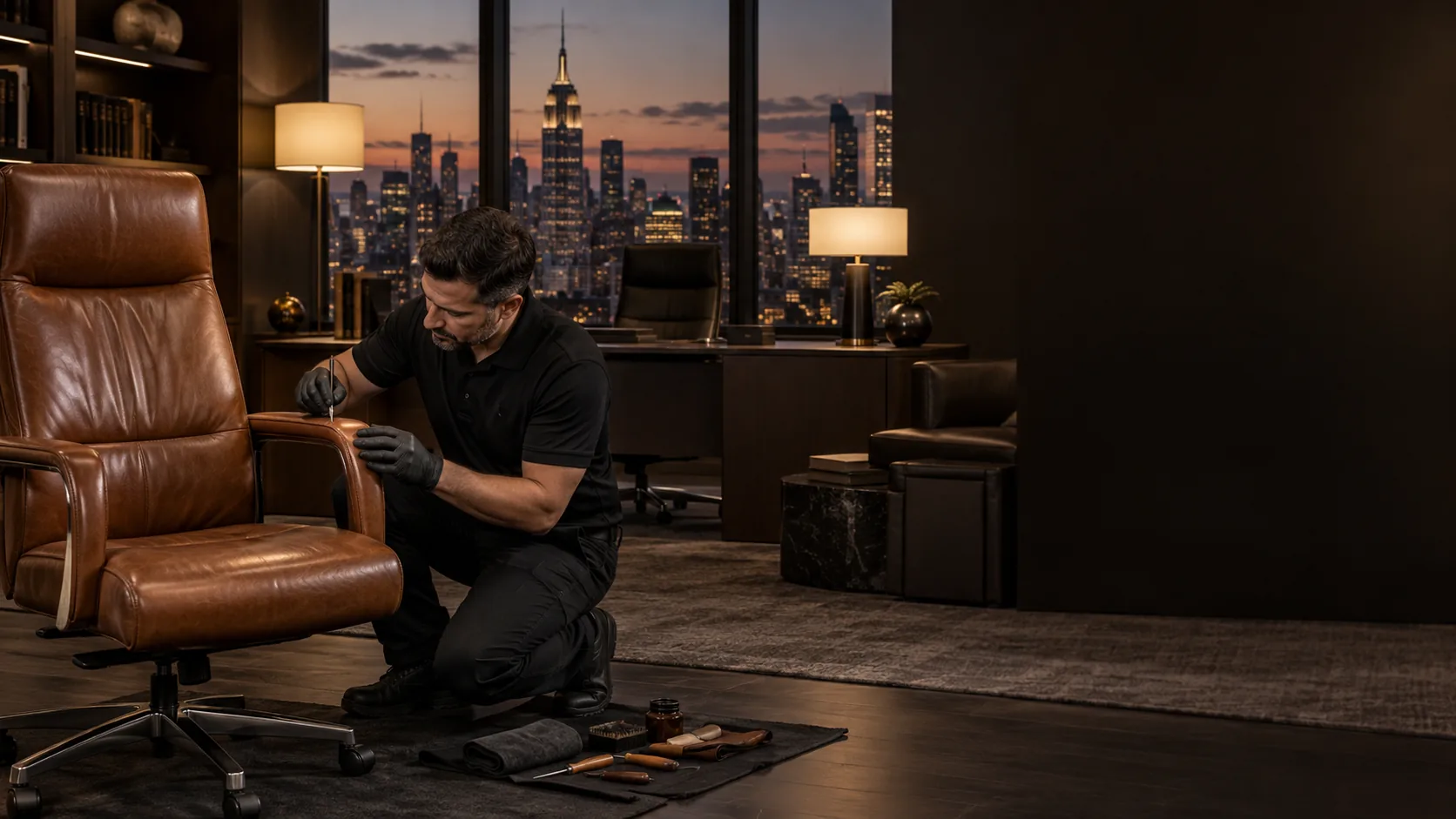 Technician repairing a leather office chair