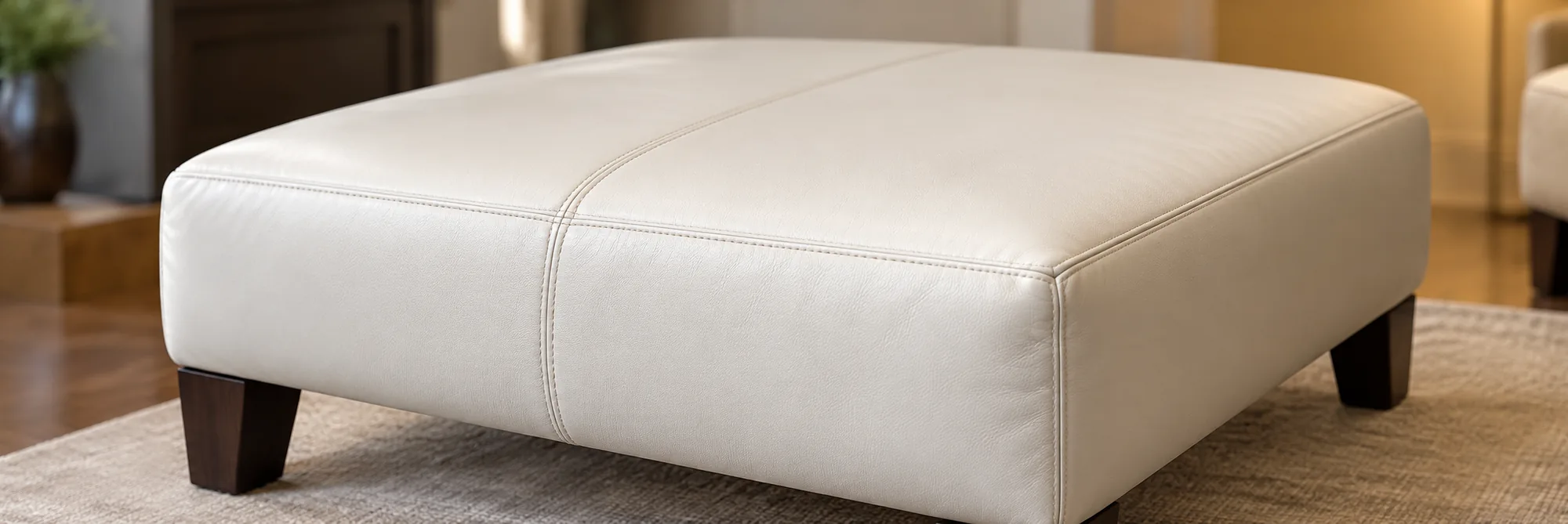 Cream leather ottoman cushion inspected for foam and support loss
