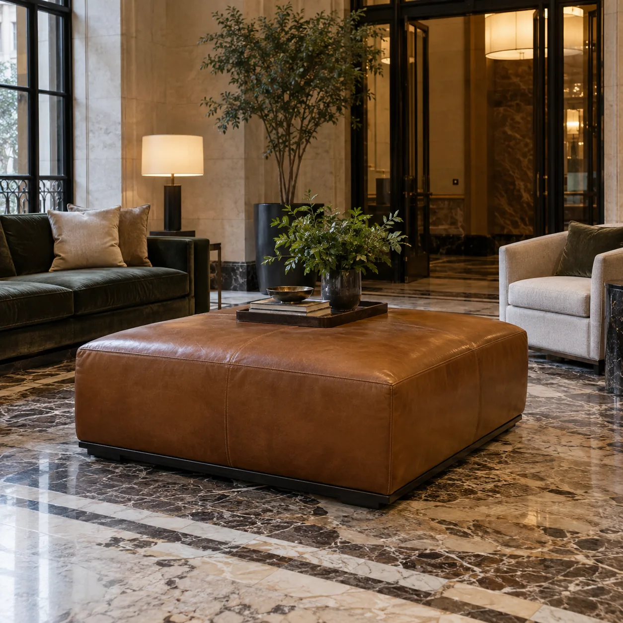 A cognac leather ottoman in a lobby
