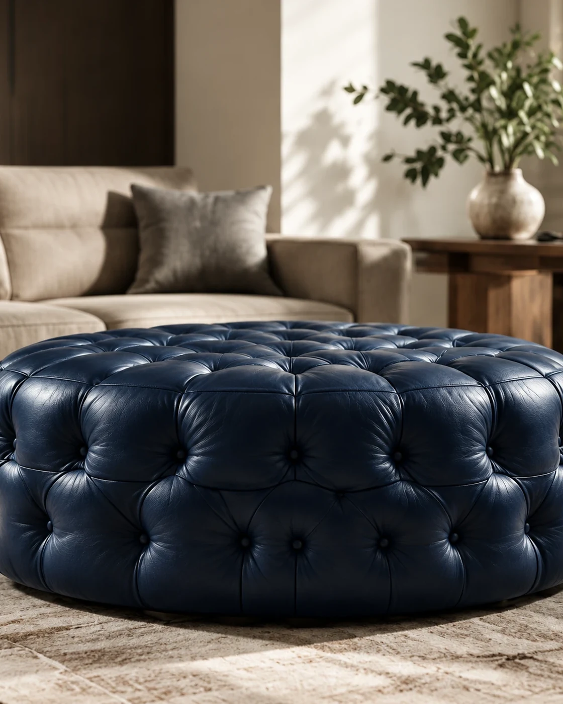 Navy tufted leather ottoman