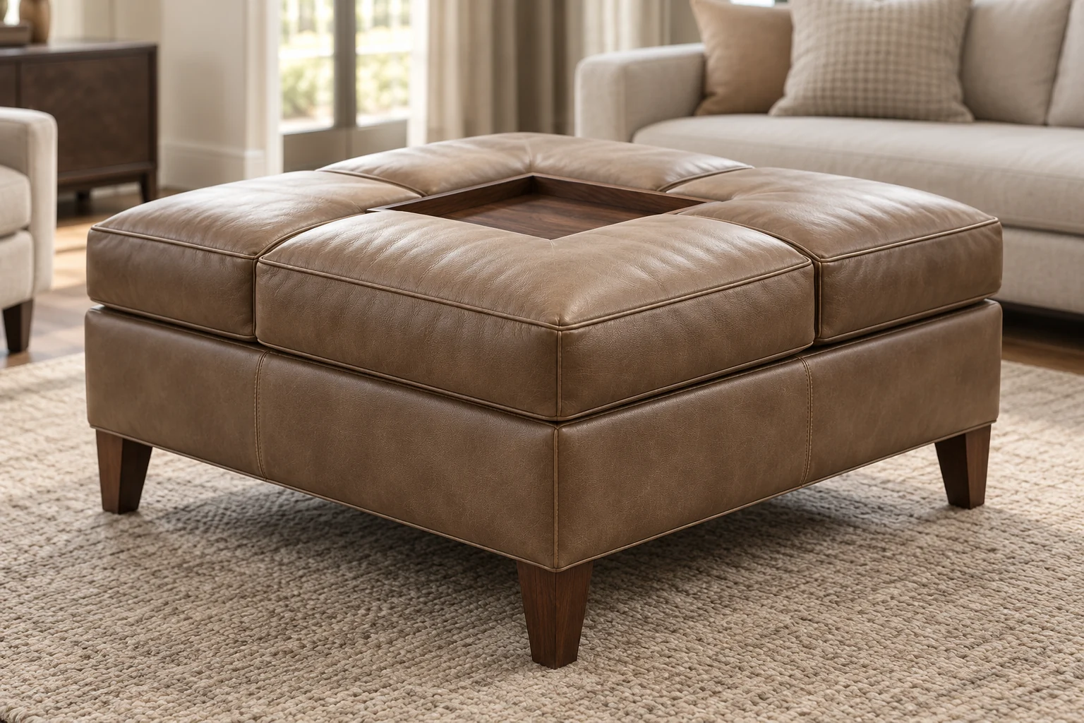 A taupe leather ottoman with a wooden tray inset into the center of the top