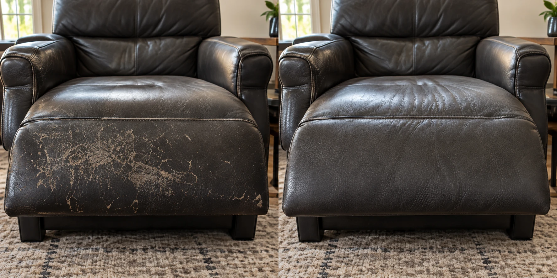 Black recliner ottoman before and after a new panel