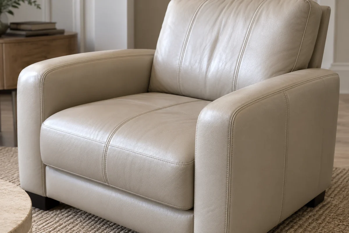 Cream leather armchair seen from the side