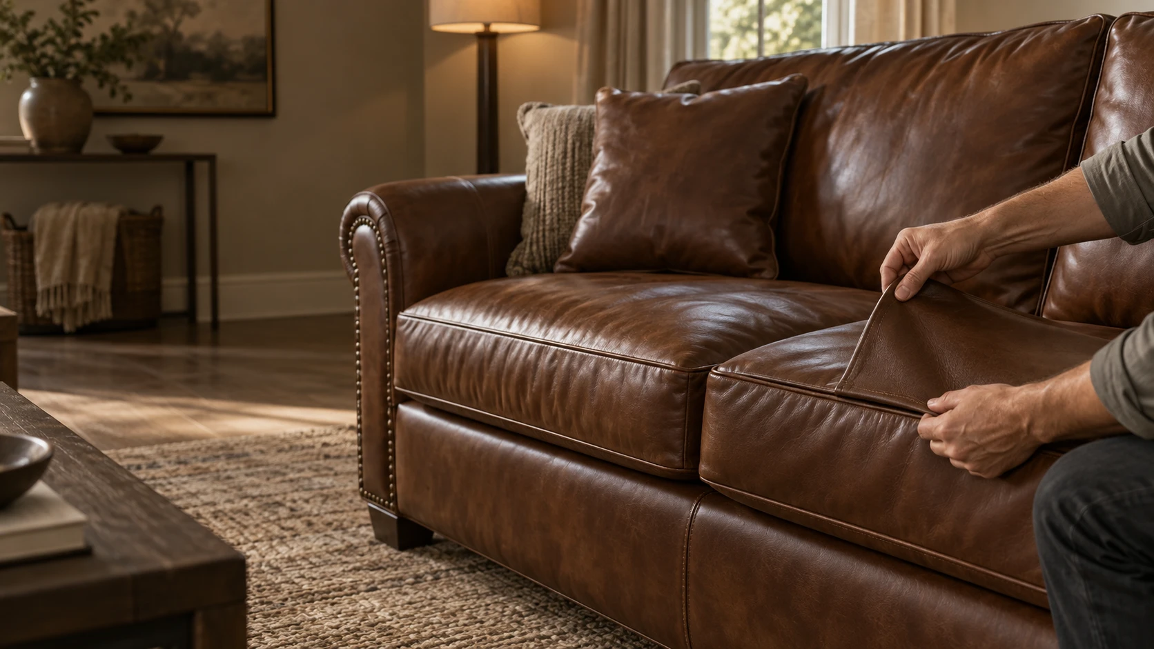 Leather panel replacement: an upholsterer lifting the seat panel of a brown leather sofa away at its seam