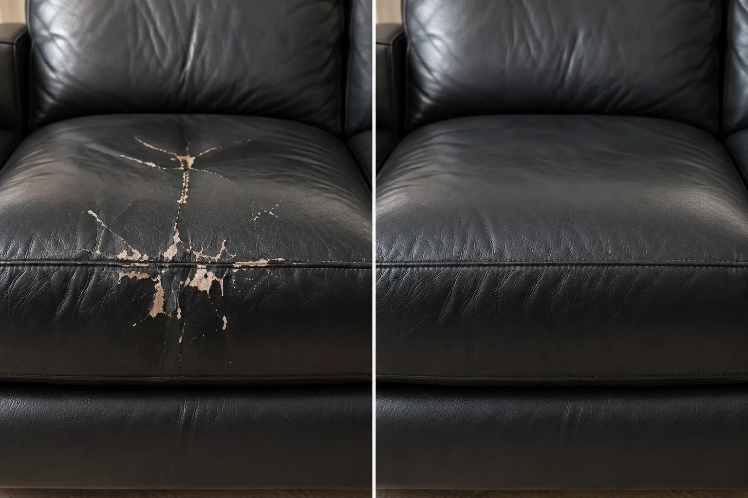 Cracked black sofa seat before and after