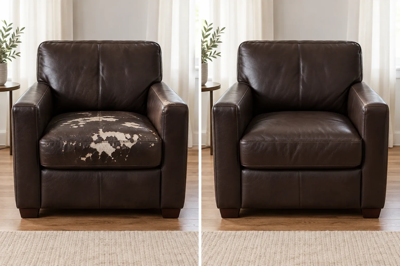Peeling armchair seat before and after
