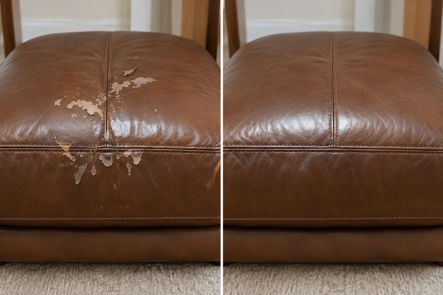 Brown ottoman peeling at the seam before and after