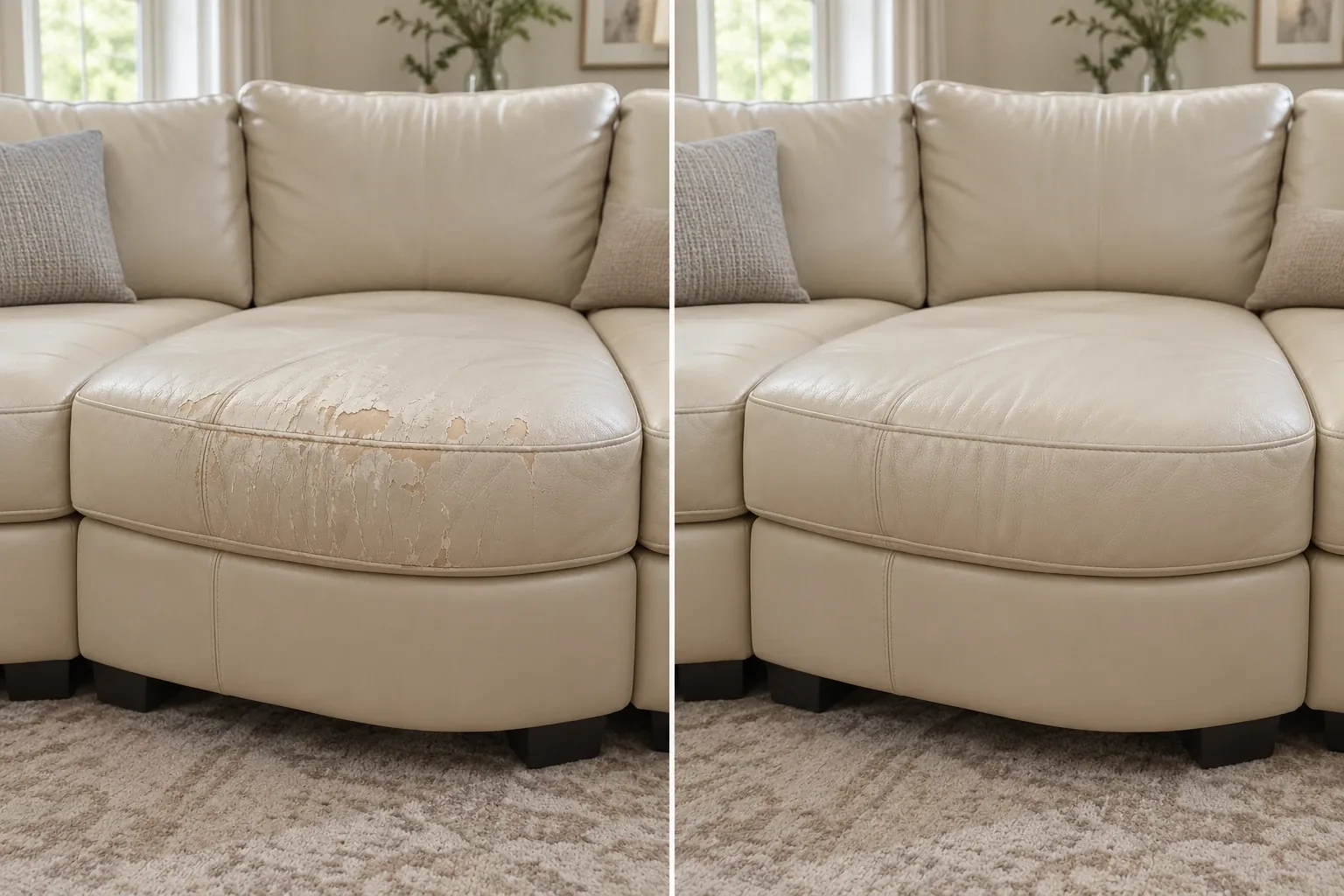 A cream leather cushion shedding its finish in flakes, and the same cushion after peeling repair