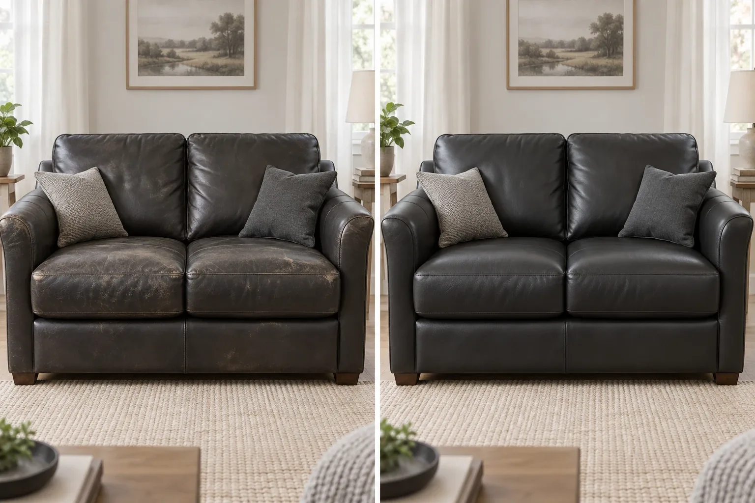 Dark brown leather loveseat with a worn mottled finish, before and after refinishing