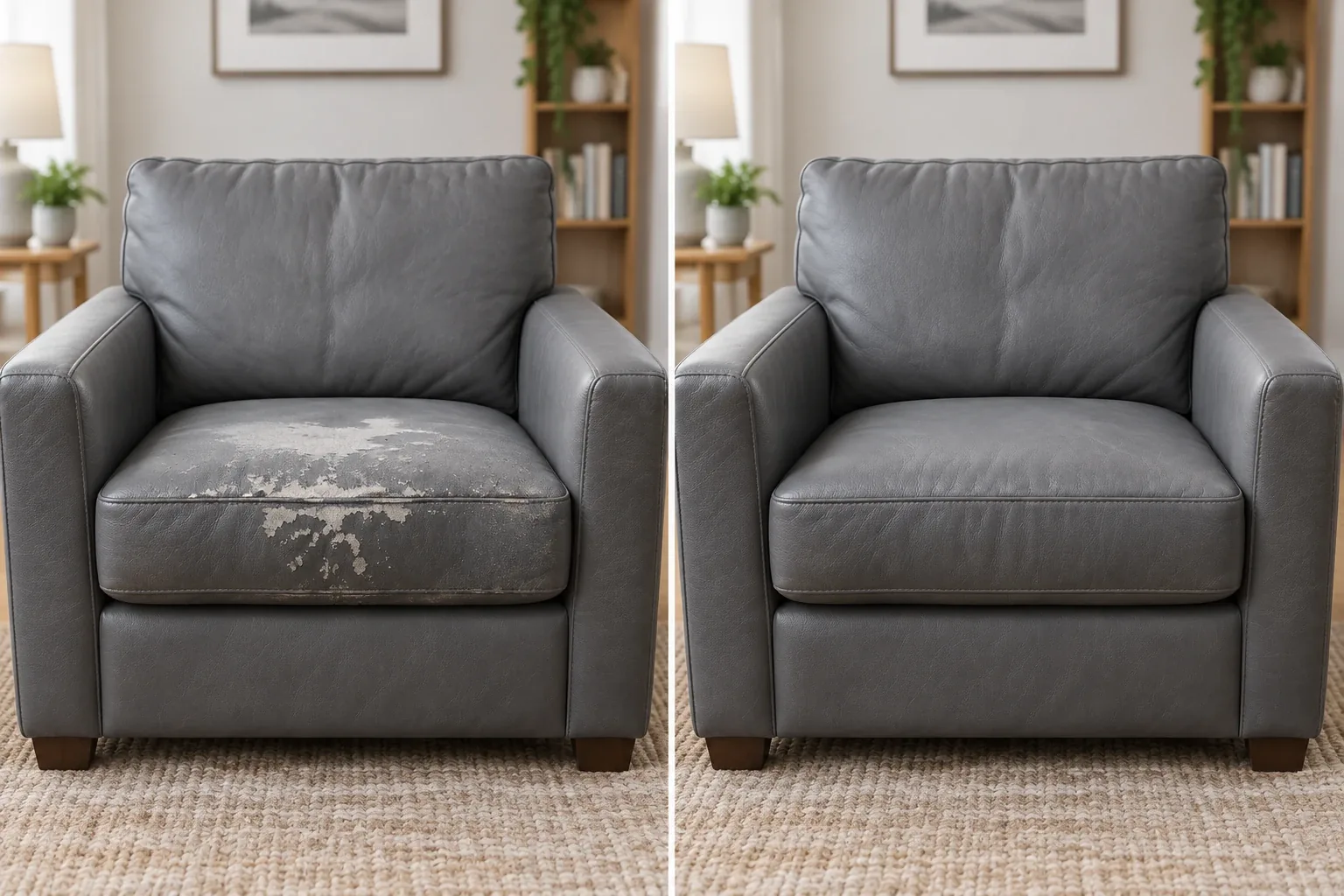 Peeling grey armchair seat before and after