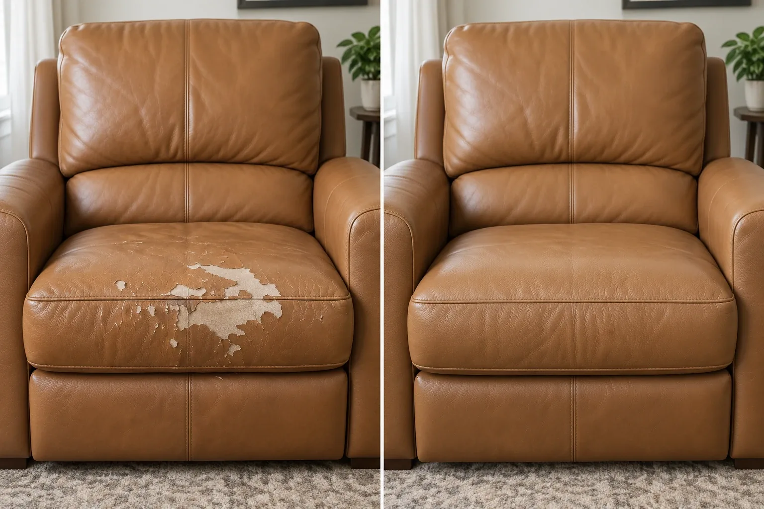 Peeling recliner seat before and after