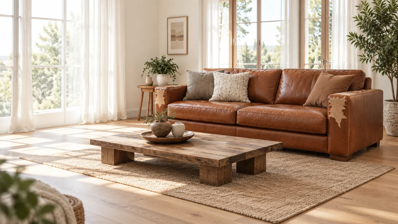 Bright living room with a cognac leather sofa