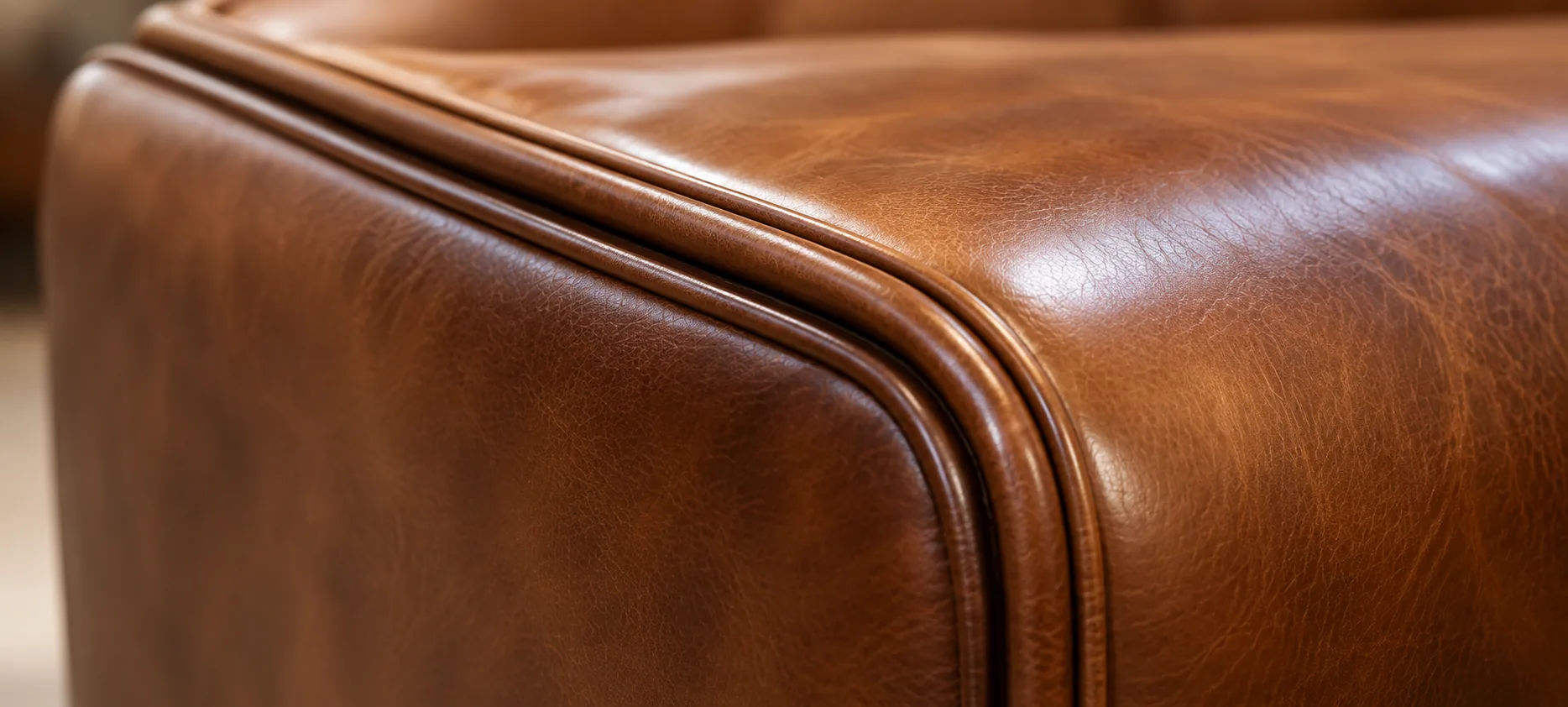 Close view of leather piping and edge trim on a commercial sofa