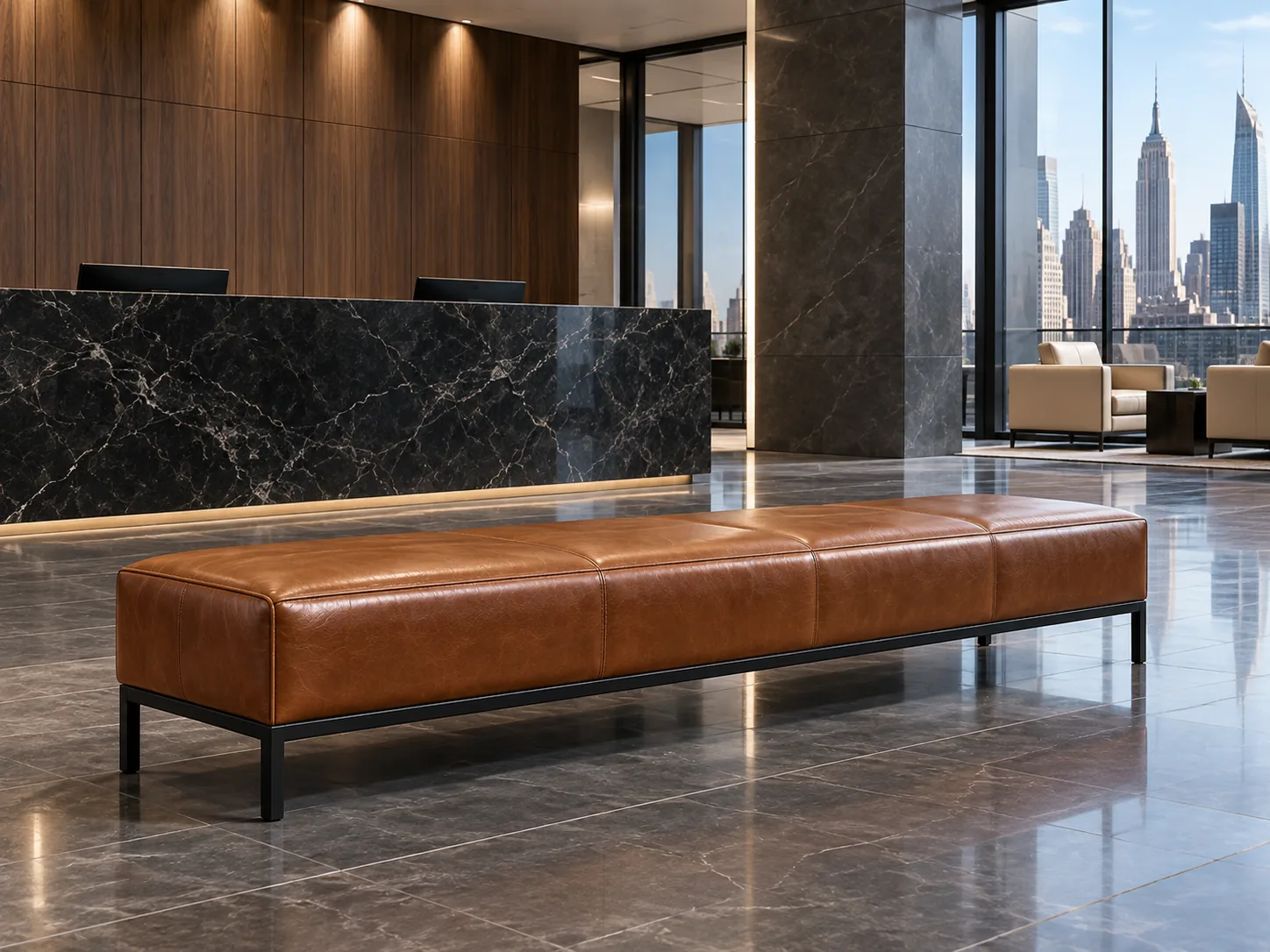 A long cognac leather reception bench beside a marble front desk