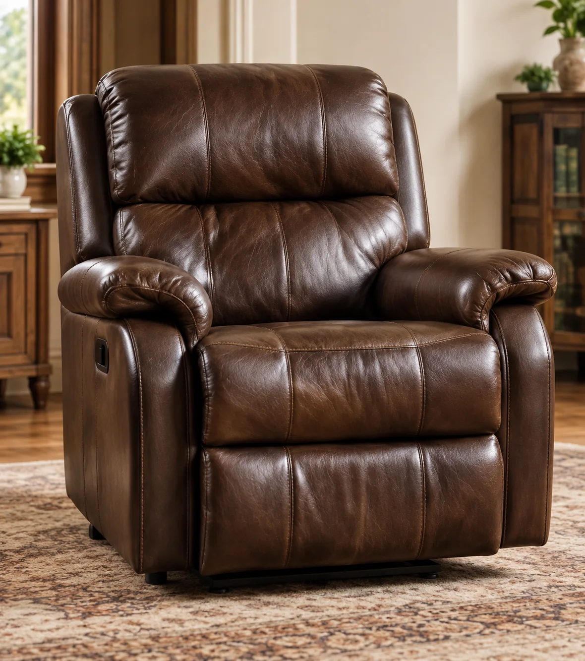 Dark brown leather recliner in a den
