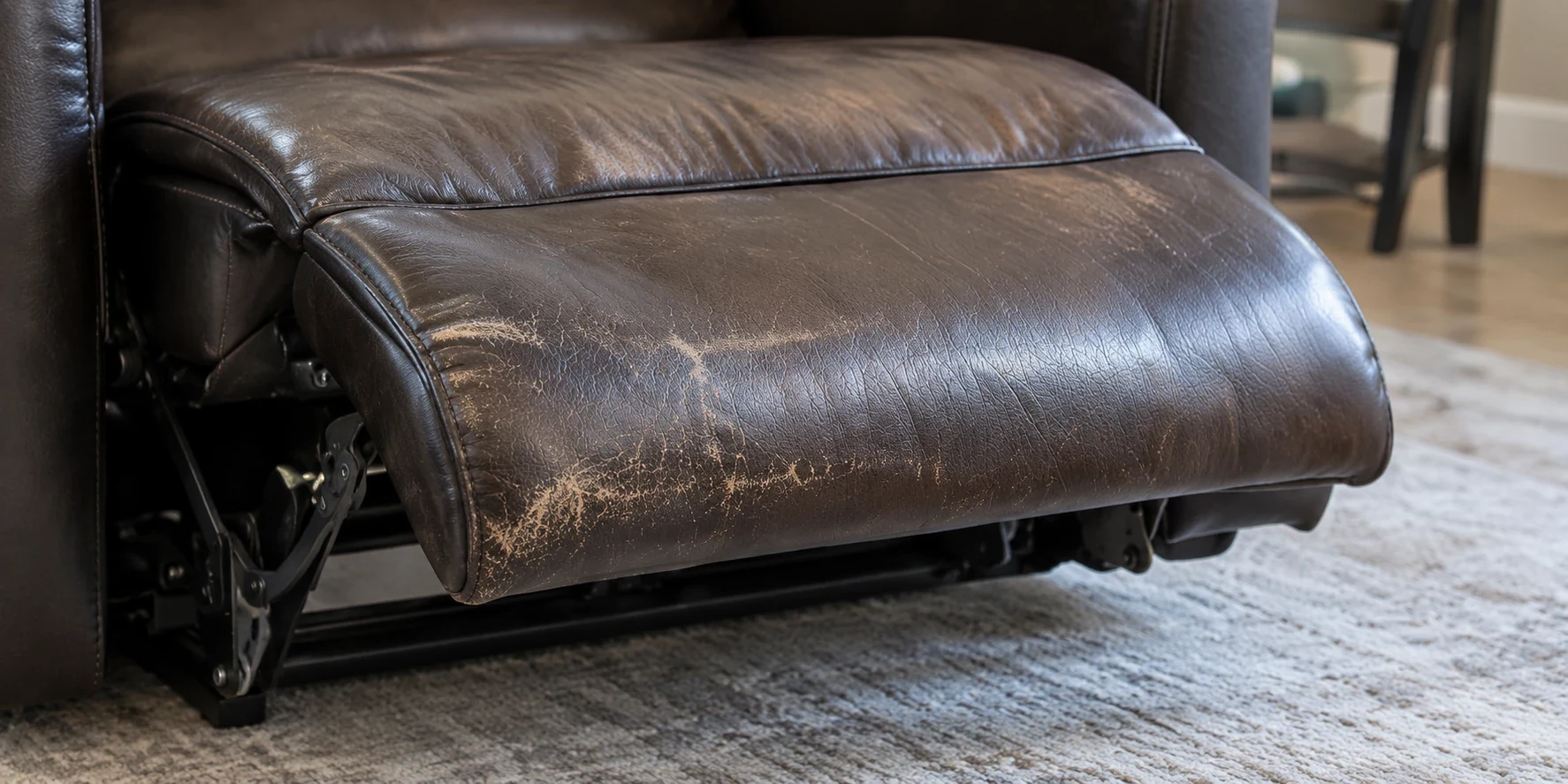 Worn underside of an extended recliner footrest