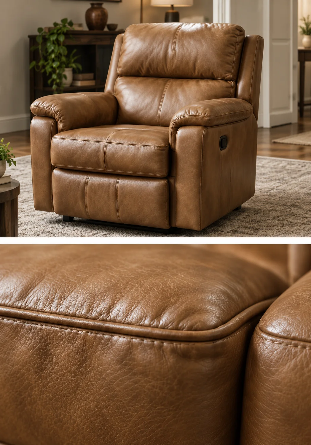 Tan recliner and a close view of its worn arm