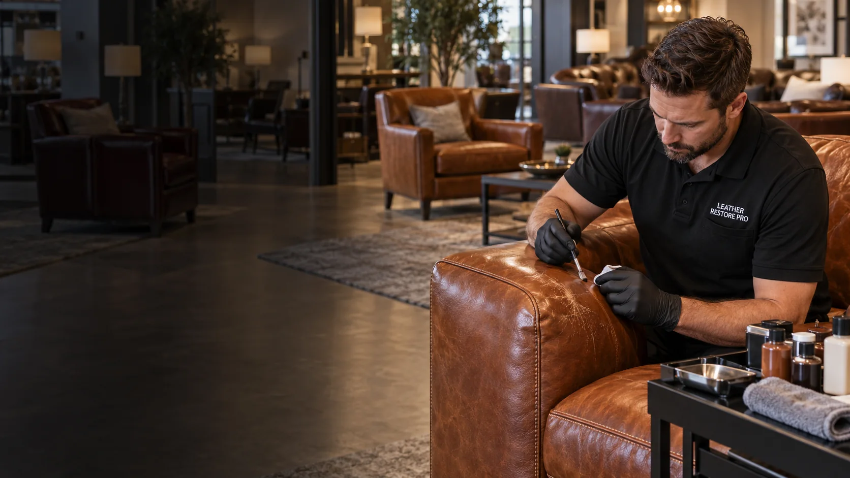 A technician repairing a leather sofa on a furniture store showroom floor, leather repair for furniture stores