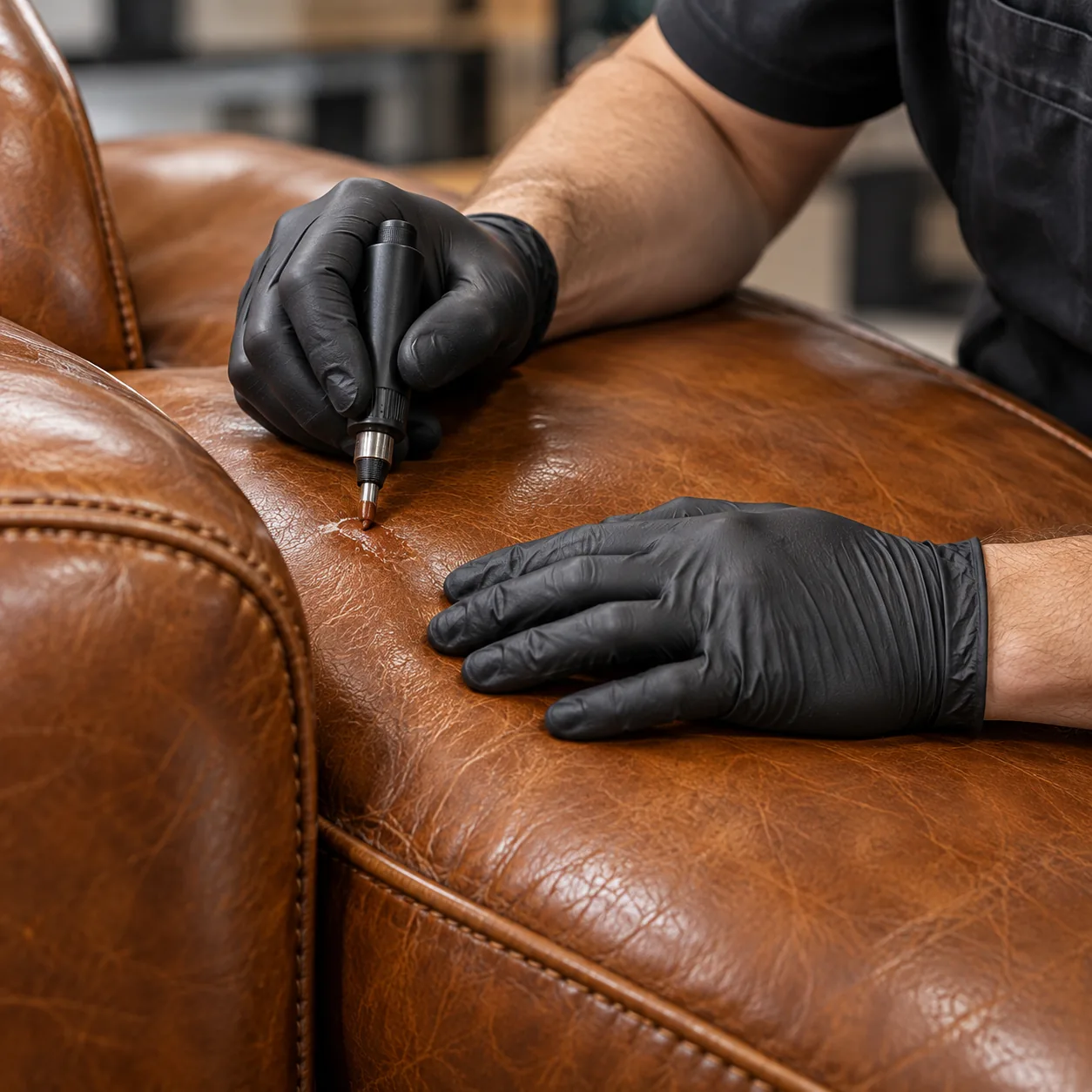 Gloved hands repairing a worn leather armrest