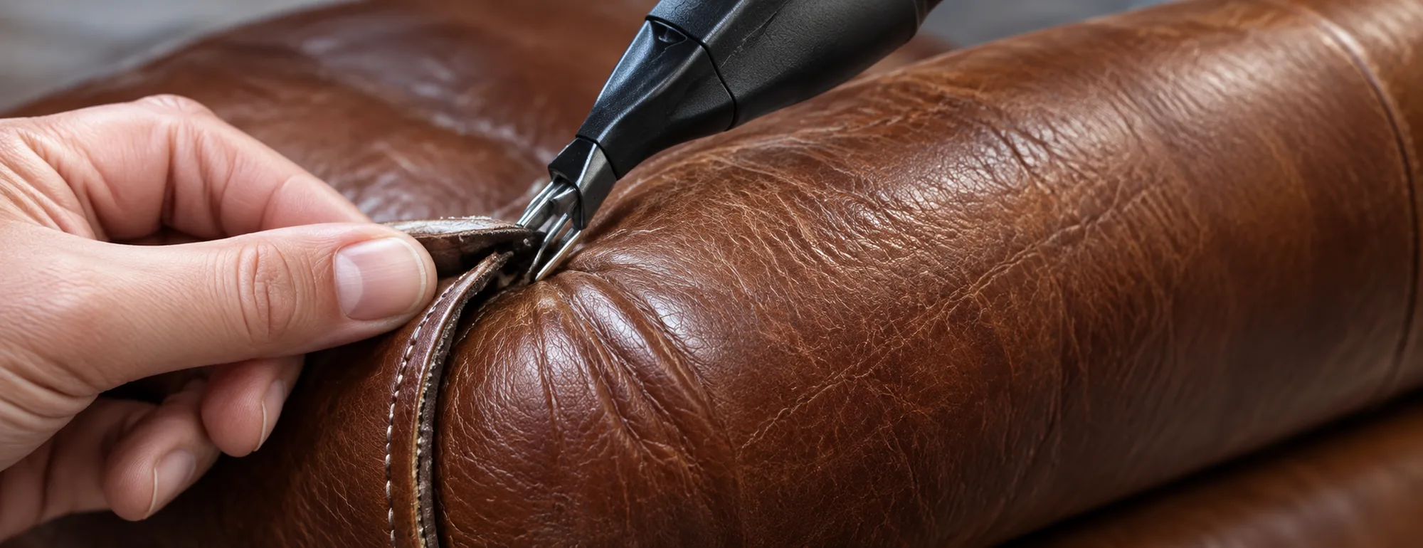 Close detail of a leather sofa arm being repaired in a property lobby