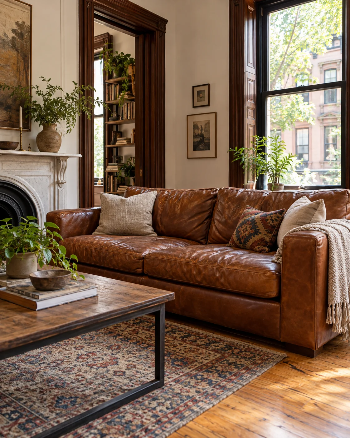 Brownstone living room with a leather sofa