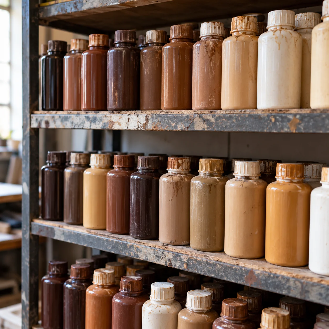 Shelves of leather pigment bottles
