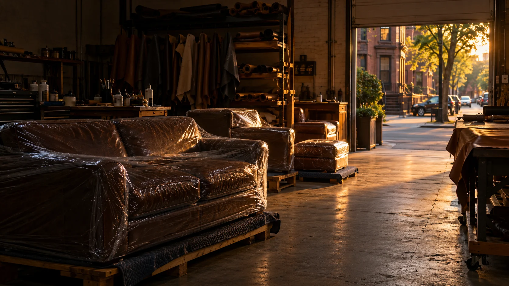 Leather sofas waiting in the workshop in the evening