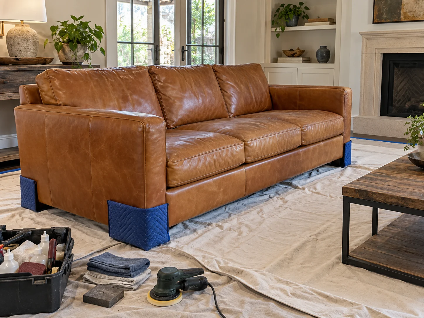 Floor covered around a leather sofa