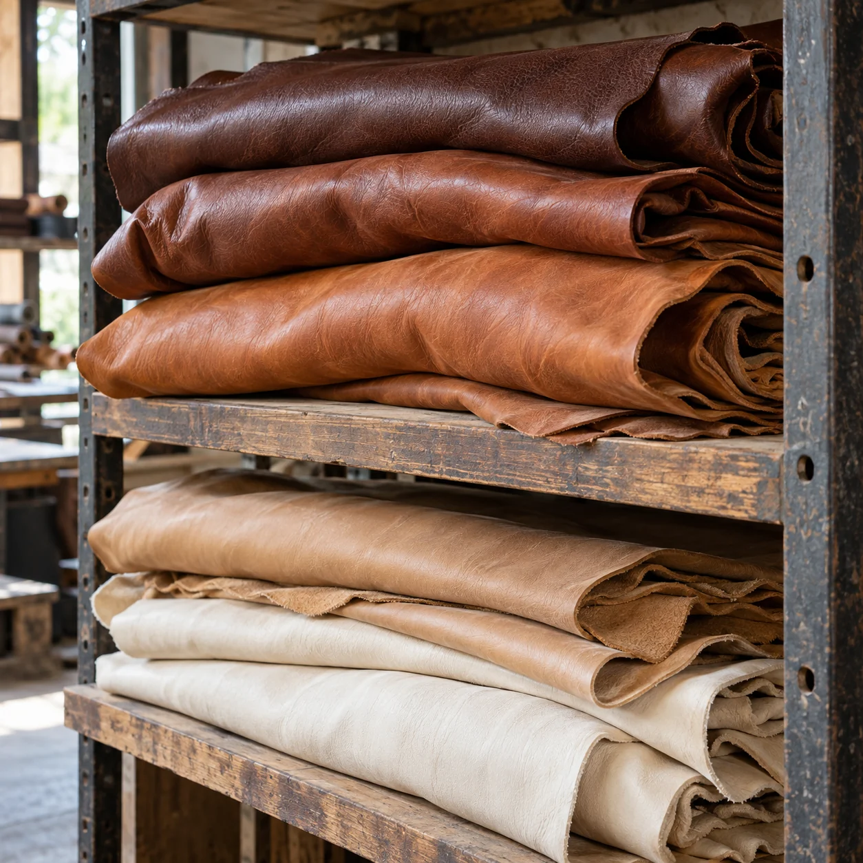 Leather hides stacked on workshop shelves