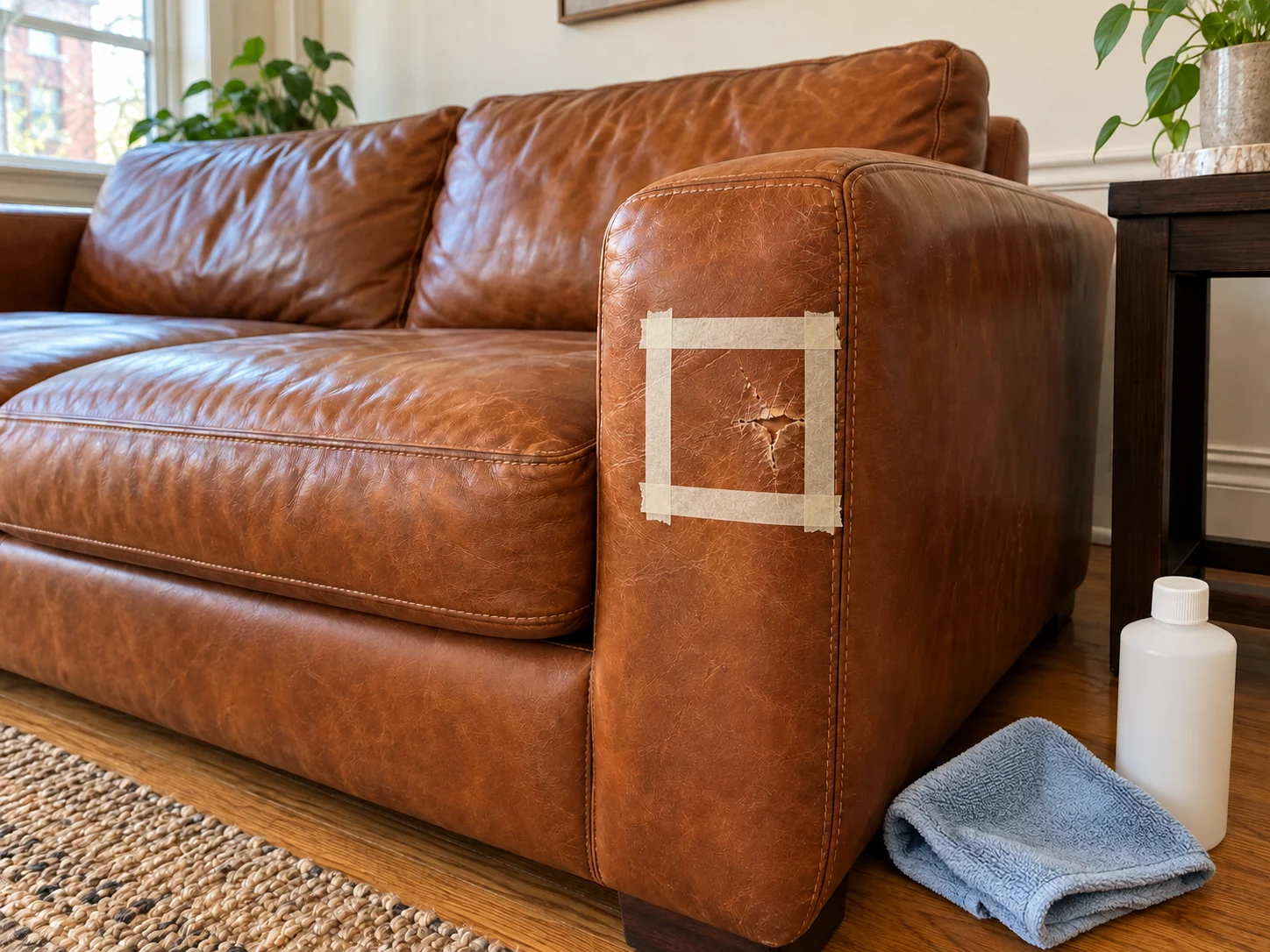 Damaged area on a sofa arm cleaned and masked