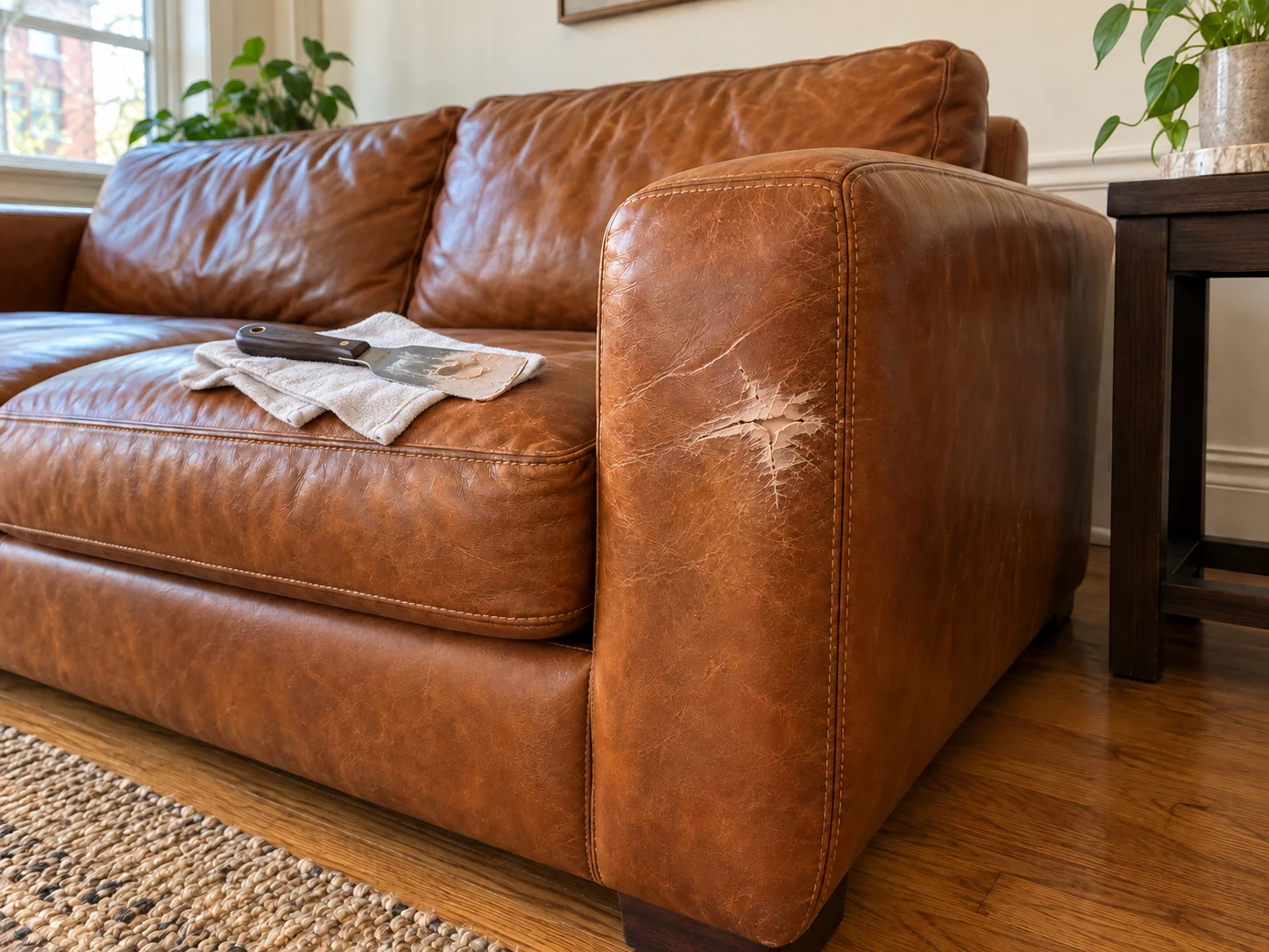 Star-shaped mark on a new cognac sofa arm