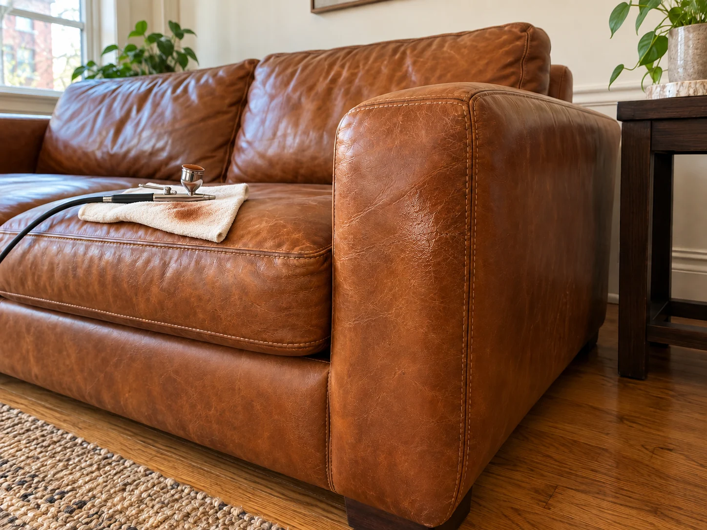 Mixed color tested on a cognac sofa arm