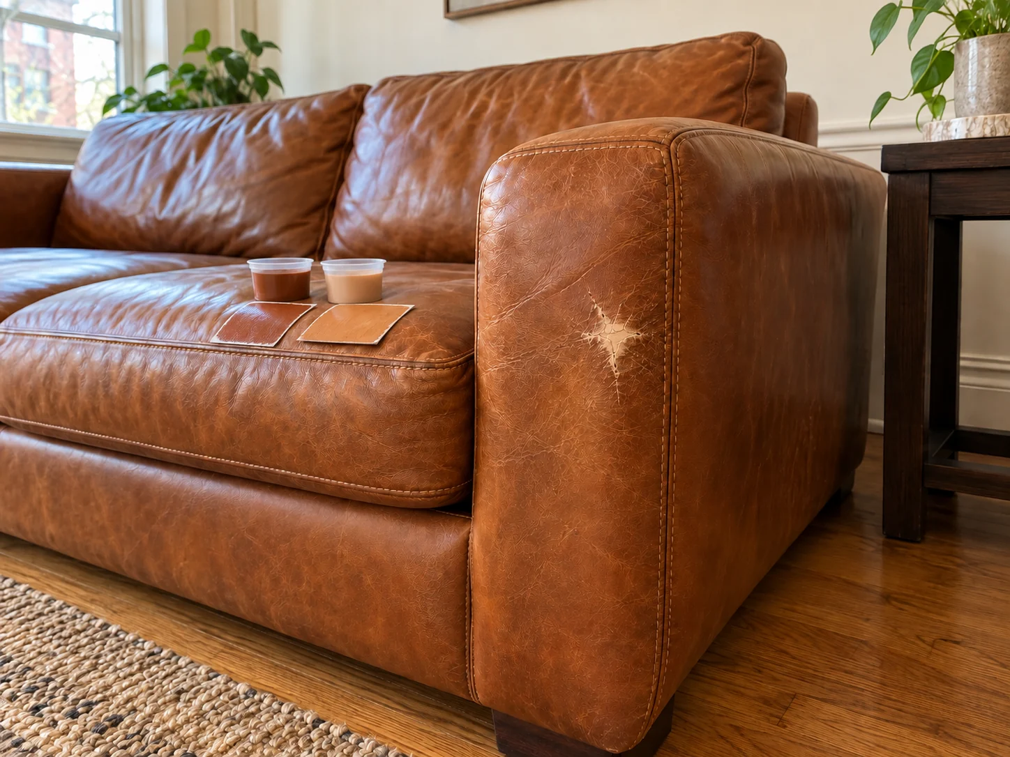 Filler on a cognac sofa arm