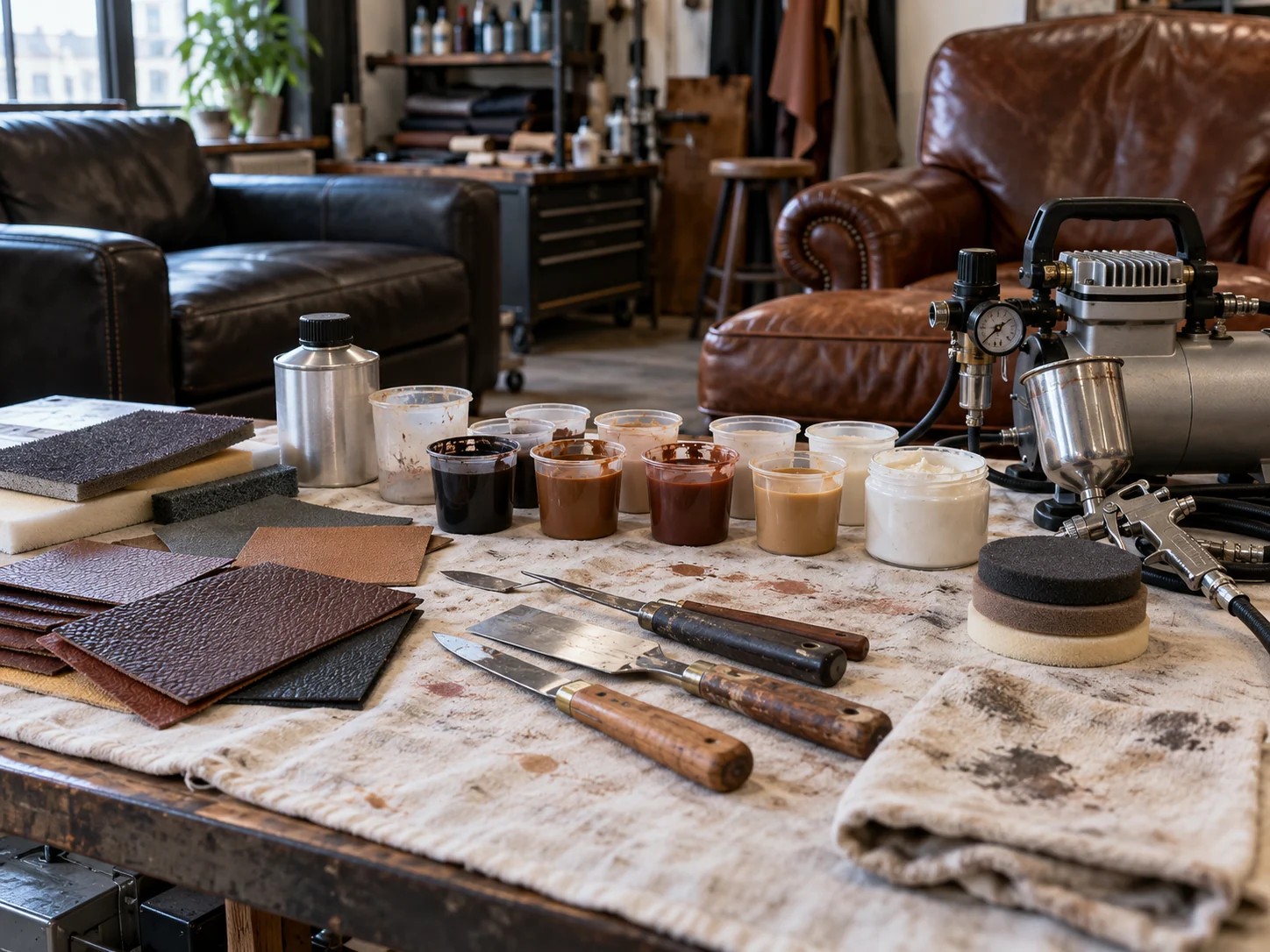 Repair tools and colors laid out beside a leather sofa