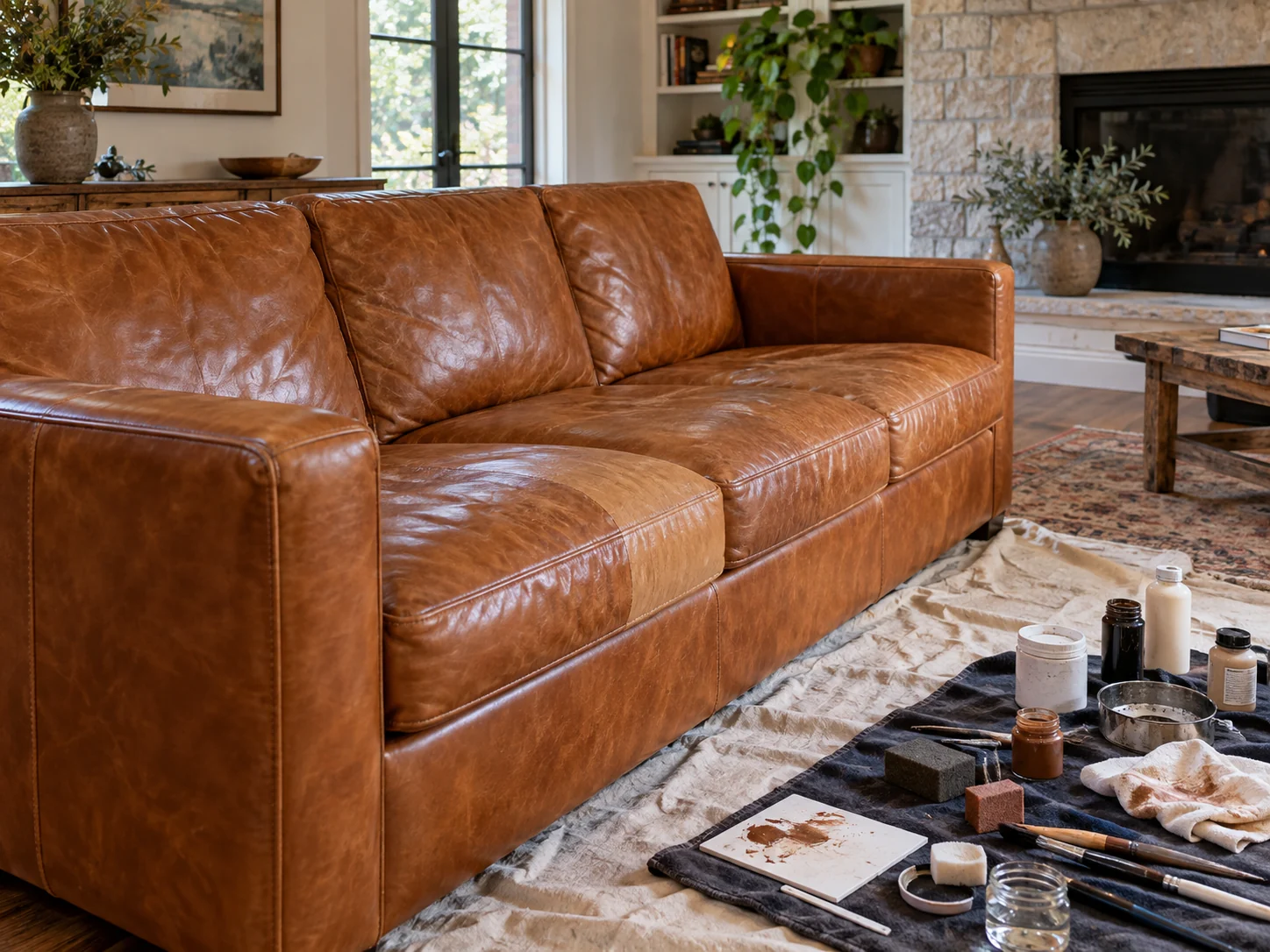 Leather furniture repair Brooklyn: a cognac leather sofa being repaired in a living room