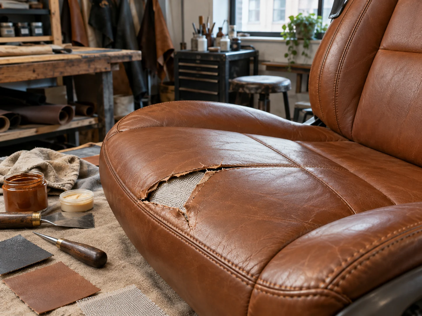 Torn leather seat panel beside repair tools