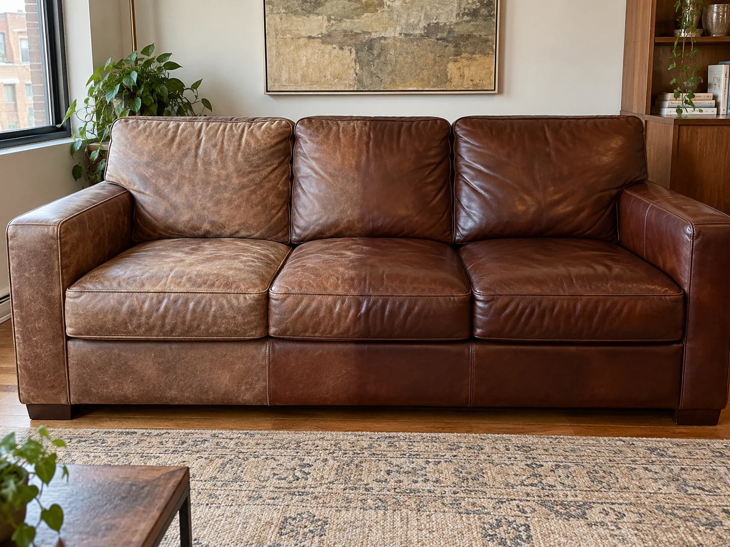 Brown sofa with a pale lower half