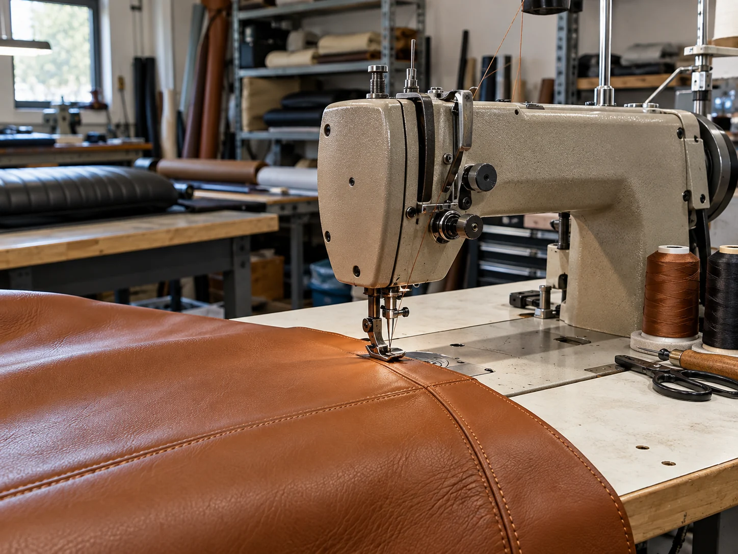 Leather panel under a sewing machine