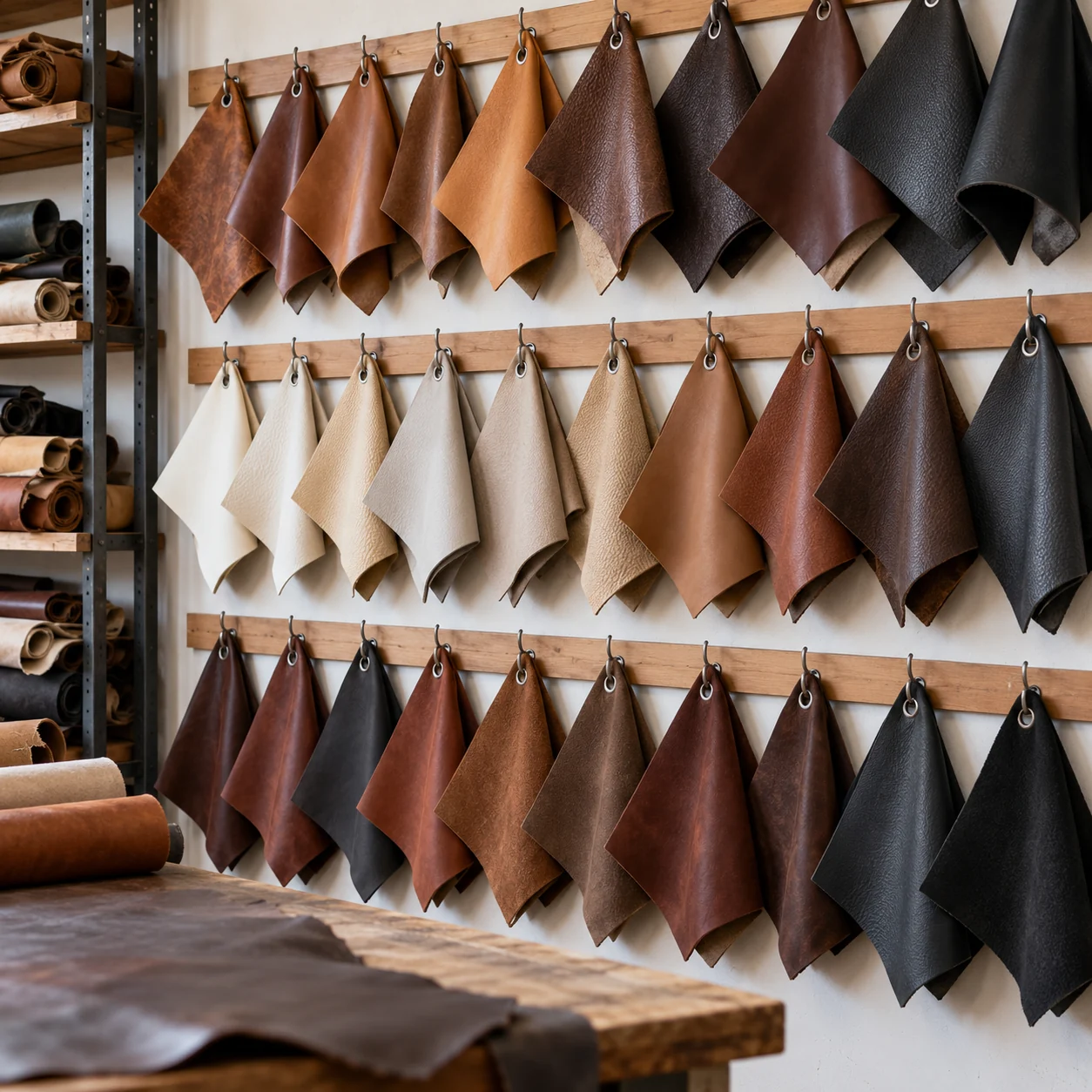 Wall of leather swatches