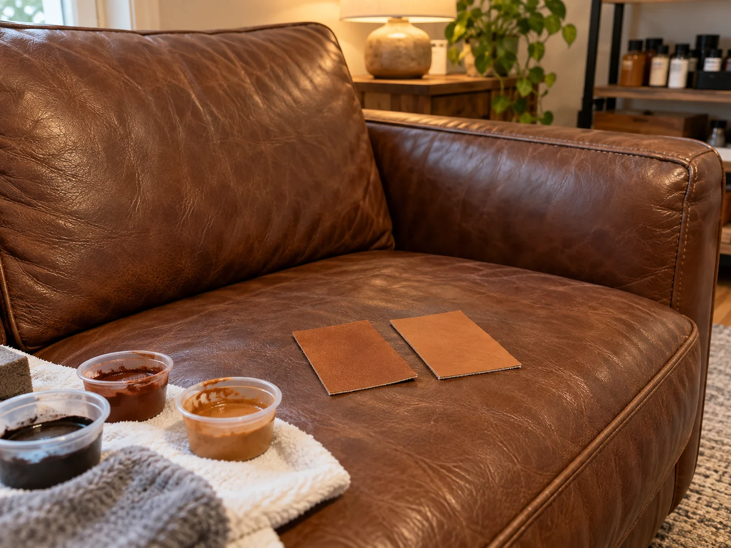 Color test cards on a cognac leather sofa