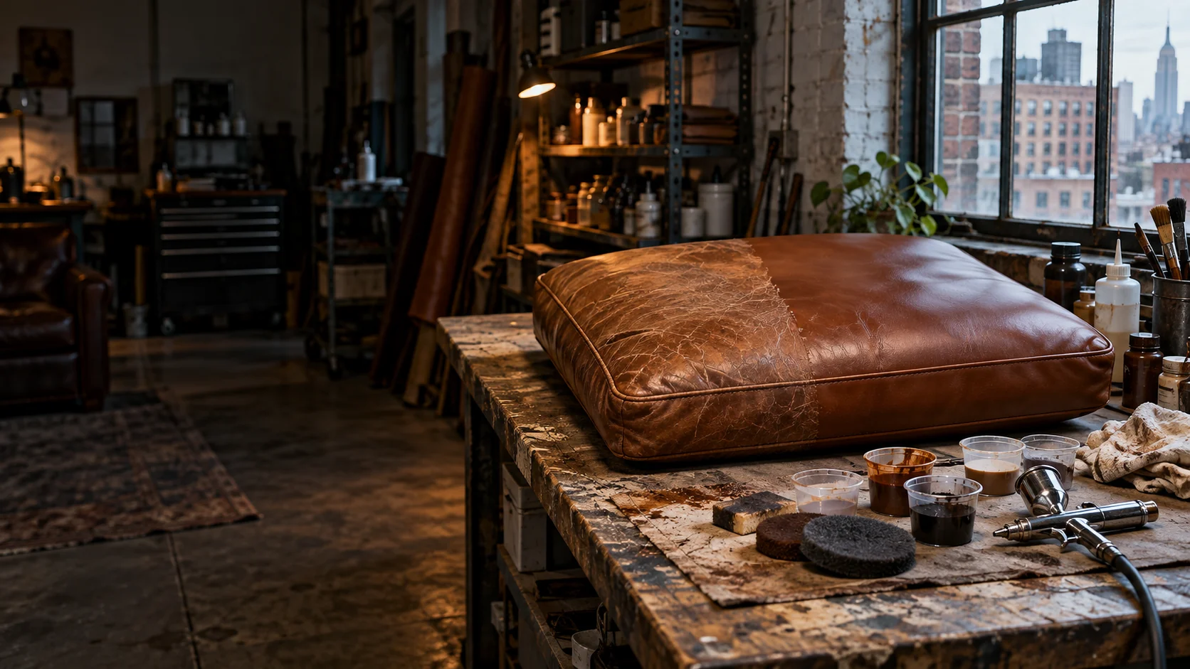 Leather cushion on a workshop bench
