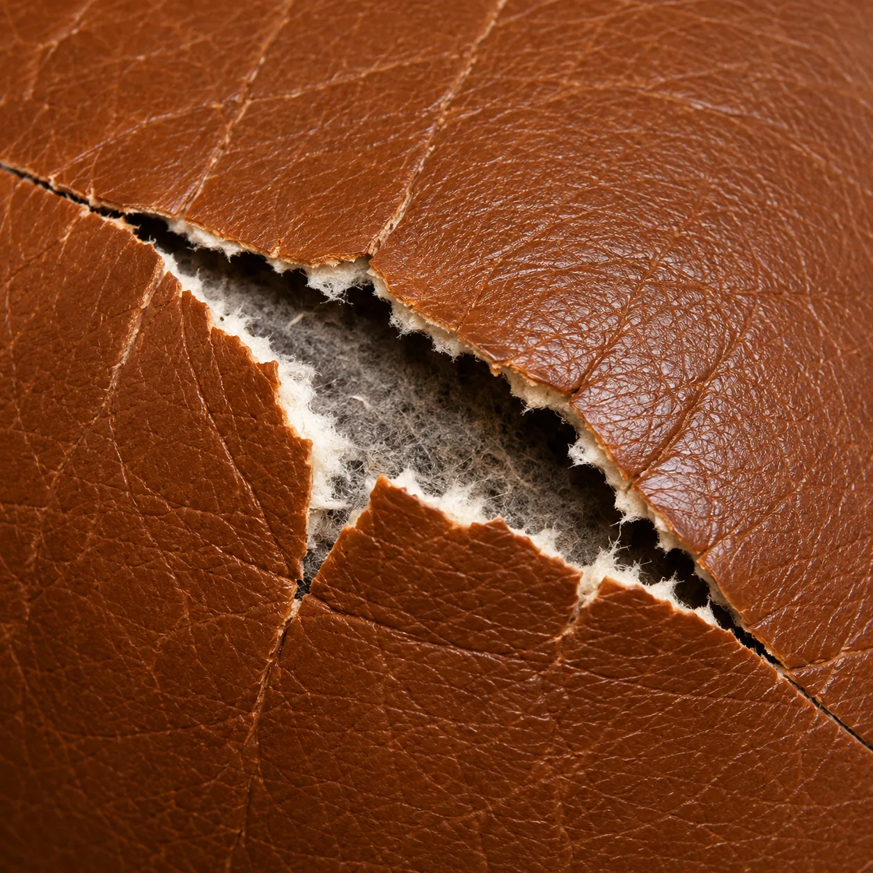 A rip in a tan leather cushion with the edges pulled apart and the fiber backing showing