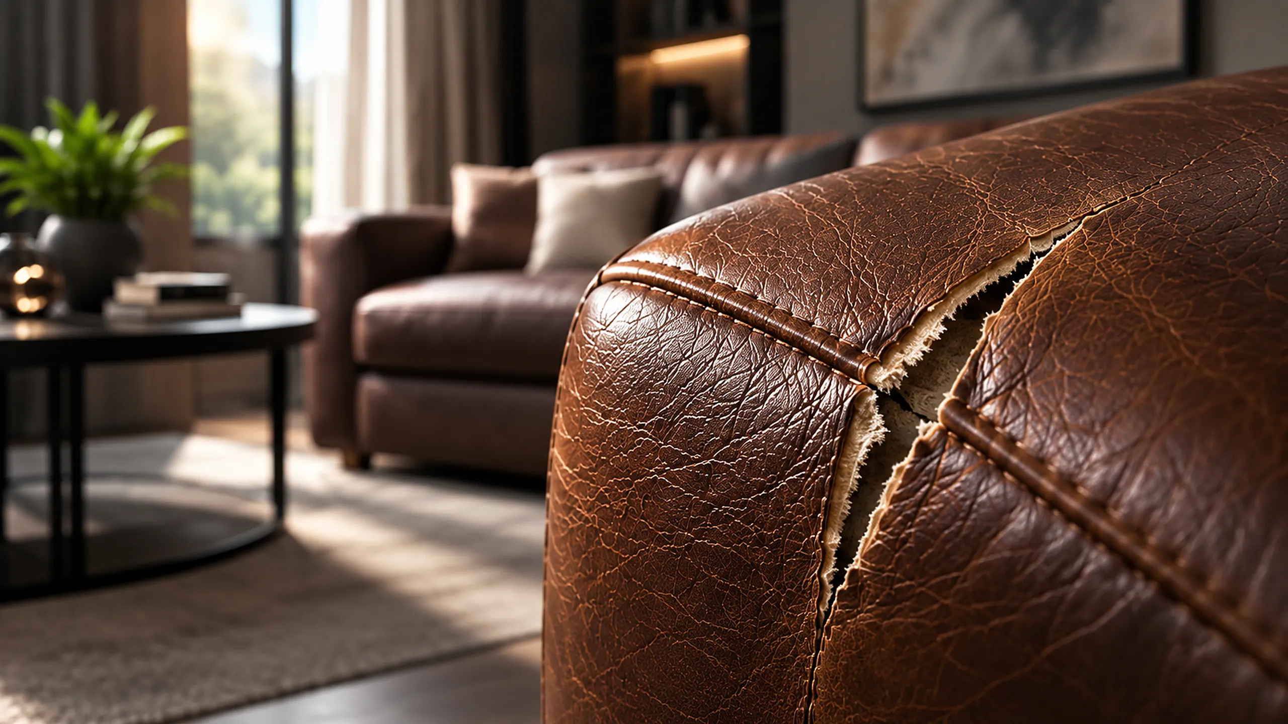 Open seam on a sofa arm