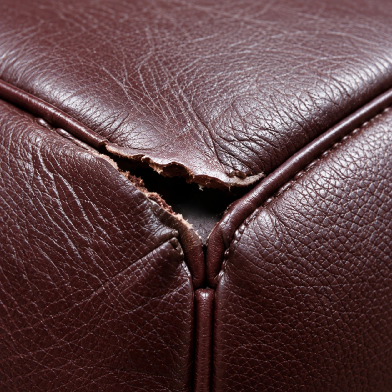 A rip in dark red leather opening along a stitched seam