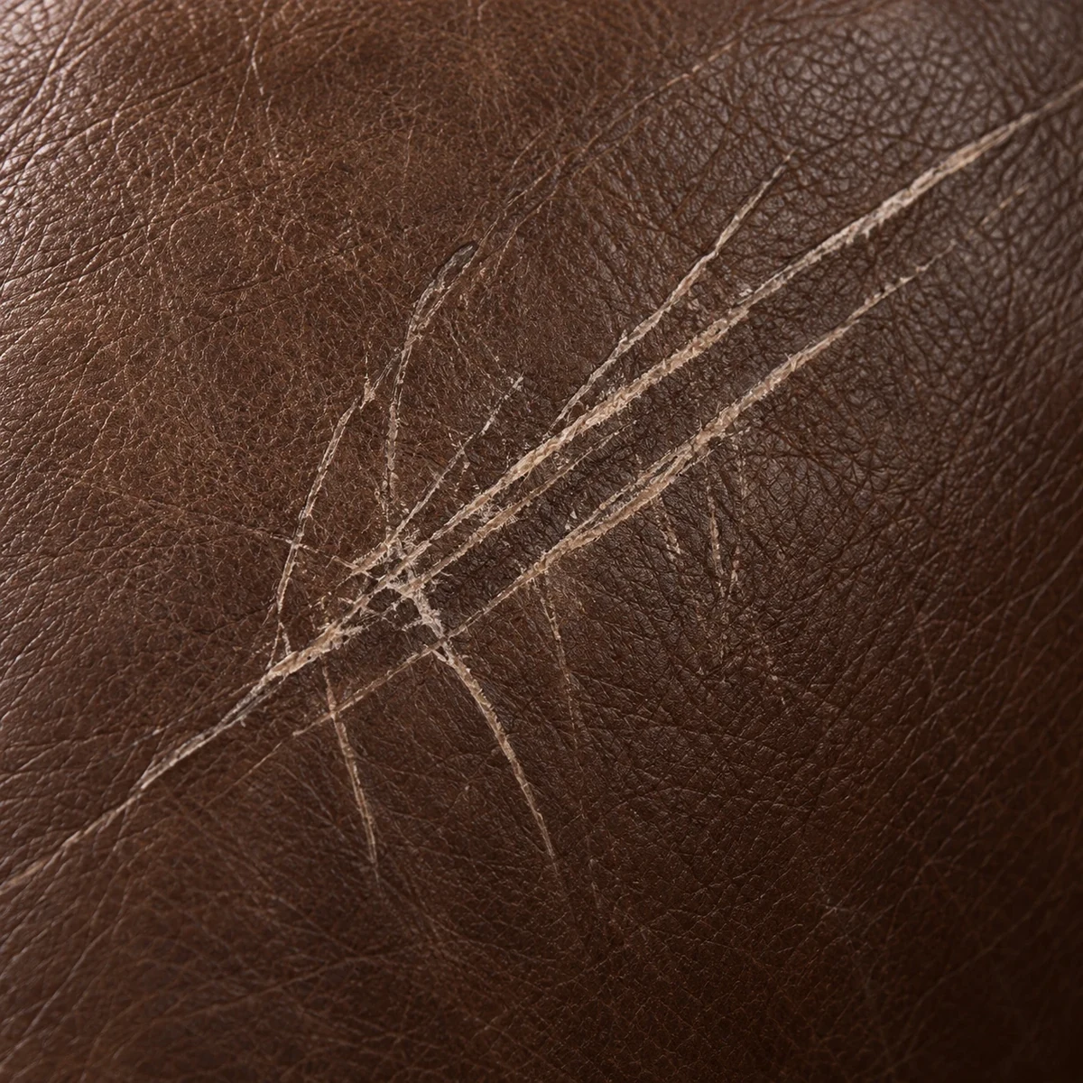 Deep claw scratches across brown leather
