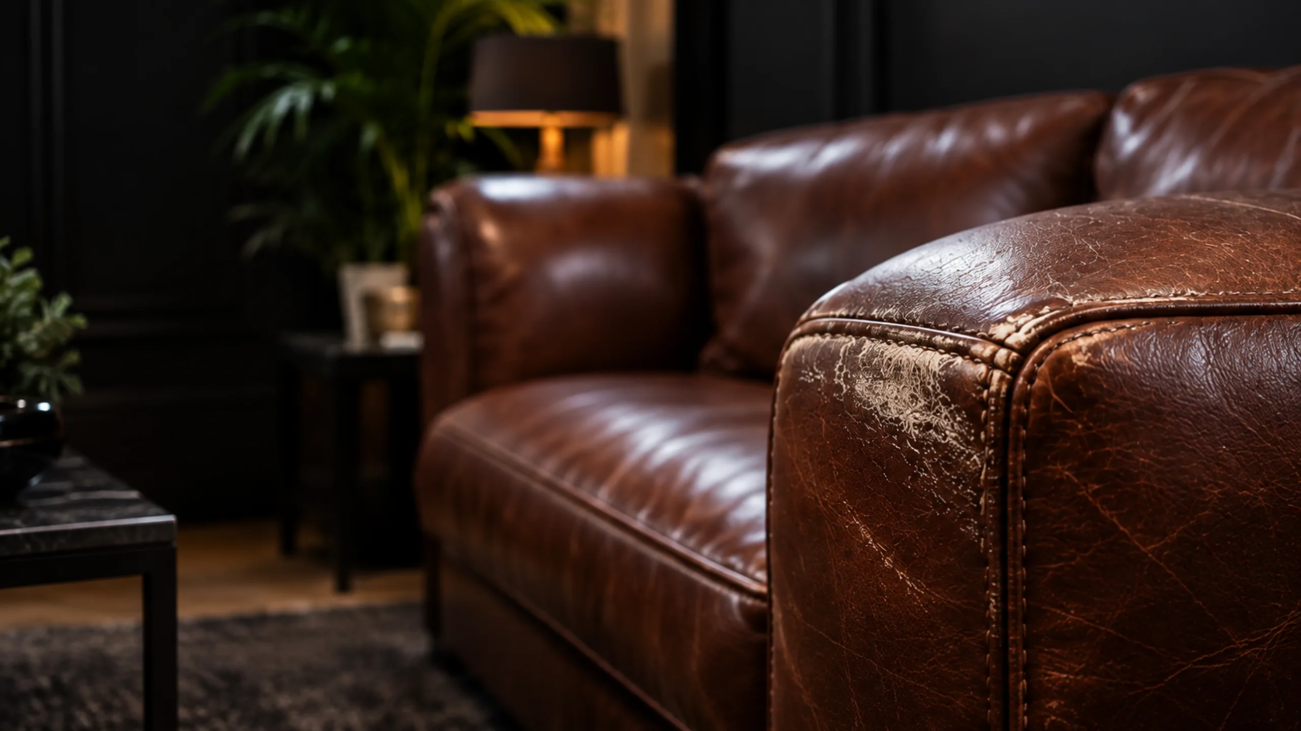 Scuffed brown leather sofa arm